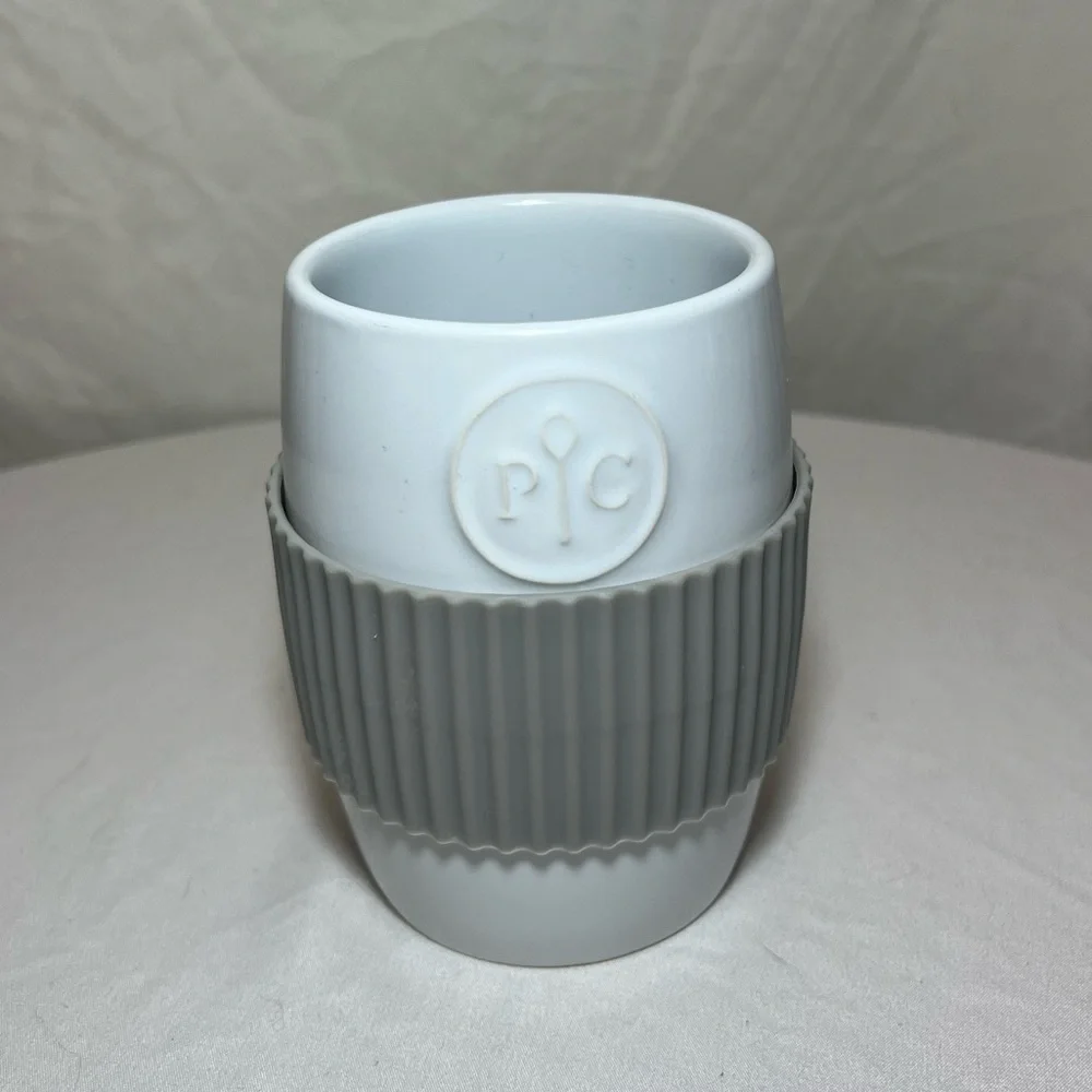 Pampered Chef Ceramic White Microwave Egg Cooker with Silicone Gray Sleeve